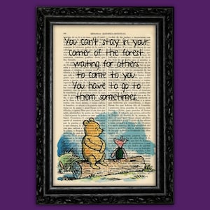 Winnie the Pooh and Piglet - Bravery Quote on a Vintage Dictionary Page - Sitting in Forest - Nursery Wall Art - Kids Room Decor (56-N23)