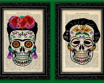 FRIDA Khalo & DIEGO Rivera Sugar Skull Prints Day of the Death Print Dia de los Muertos Book Art Dorm Gift Skull Poster Dictionary (13)
