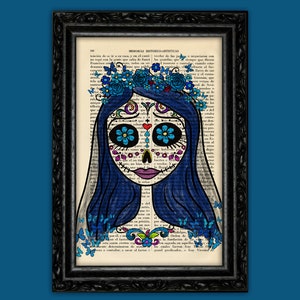 Emily from Corpse Bride Sugar Skull – Tim Burton Art on Vintage Dictionary Page – Halloween Gothic Pop Culture Decor (13-Nº30)