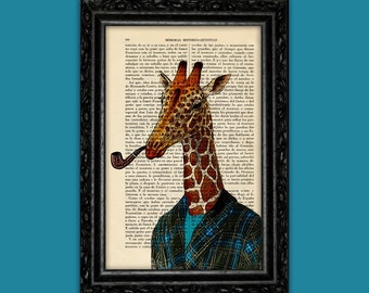 Impresión artística de libro con albornoz de jirafa, regalo de cumpleaños, arte animal, impresión para dormitorio, impresión de regalo, decoración de pared, póster, impresión artística de diccionario (6- Nº22)