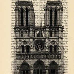 May include: A black and white image of the Notre Dame Cathedral in Paris, France. The image is made up of text from a book, creating a unique and artistic effect.