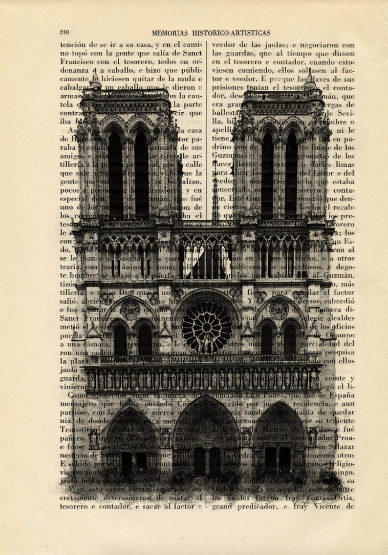 May include: A black and white image of the Notre Dame Cathedral in Paris, France. The image is made up of text from a book, creating a unique and artistic effect.