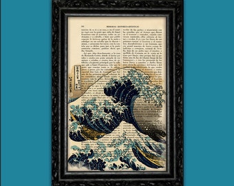 The Great Wave of Kanagawa Japanese Japan book art page Traditional Art Print Poster  Wall Decor Dictionary old page Print Retro Art (25)