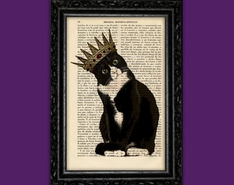 King Cat Animal Art Print Kitty Crown Poster Book Art Dorm Room Print Gift Print Wall Decor Poster Dictionary Print  Art Print (6- Nº5 )