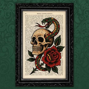 Skull and Snake & Red Rose Tattoo Print – American Traditional Art on Vintage Dictionary Page – Old School Flash Style Wall Decor (53-Nº8)