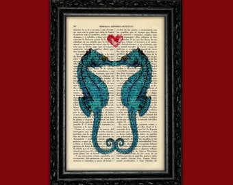 Seahorse Kiss Love Book Art Print Animal Book Art Poster Valentine’s Day Sea Life Dorm Old Book Page Print Gift Wall Decor Poster (29-Nº41 )