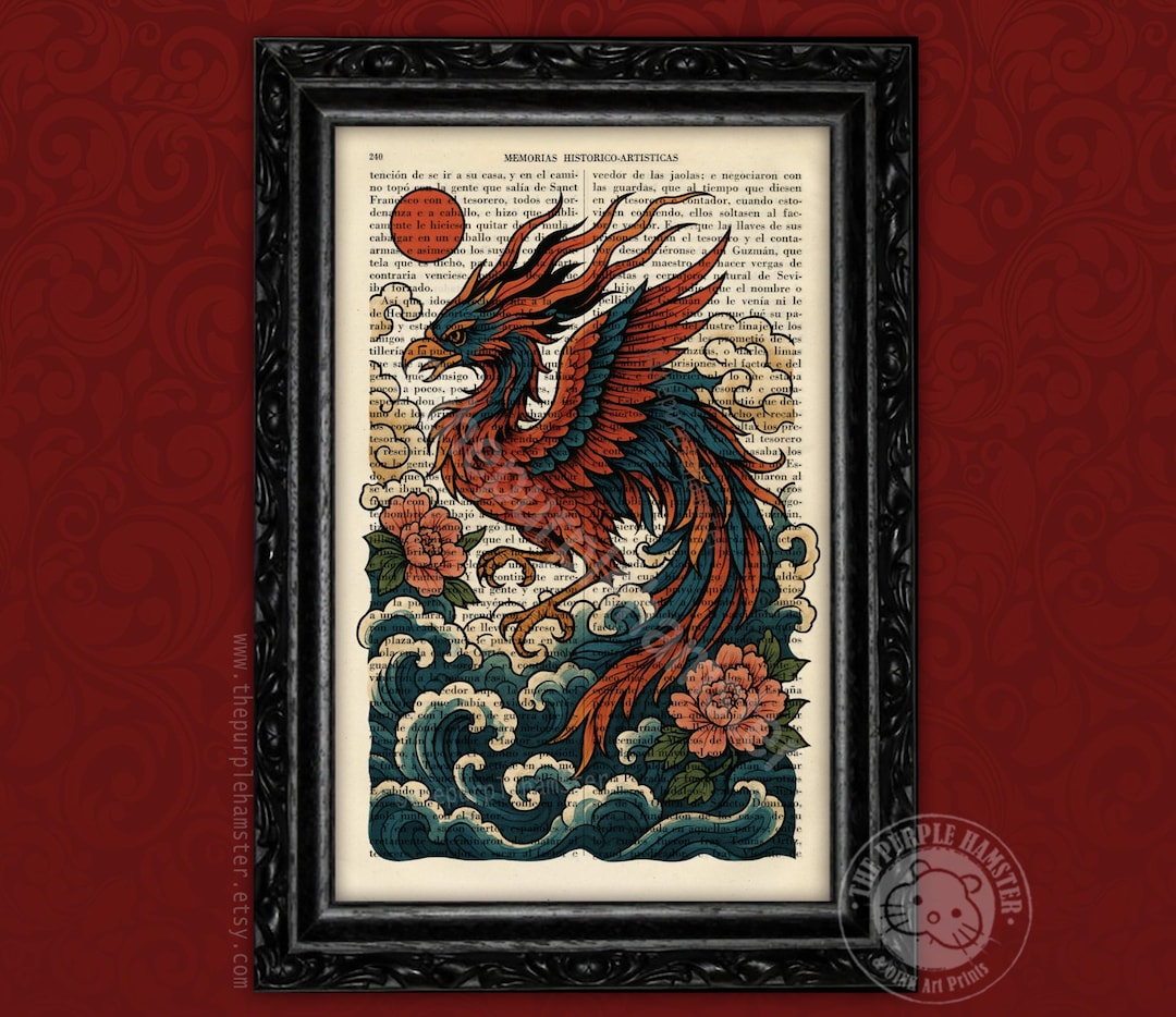 Phoenix Rising Traditional Phoenix and Suntattoo Art Print – Rising Phoenix With Clouds & Sun ...