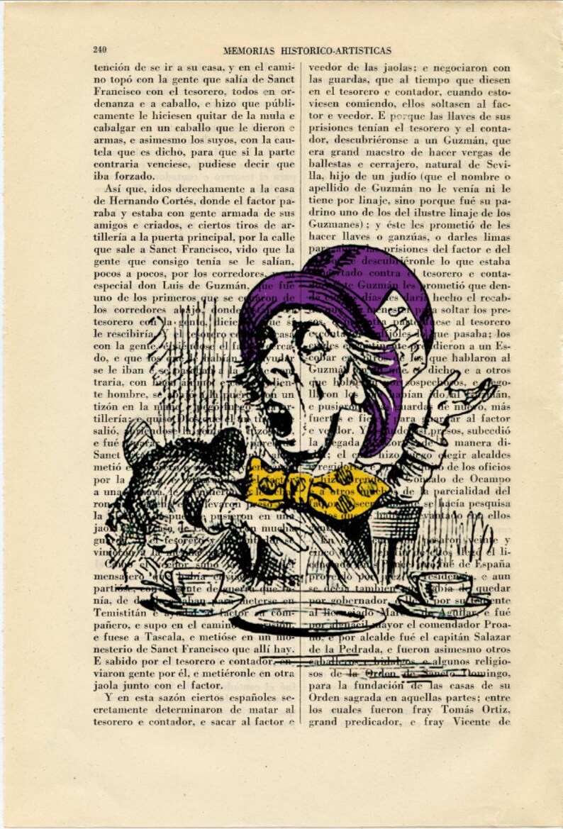 May include: A black and white illustration of a man wearing a purple hat and a yellow bow tie. The man is looking to the right and has a surprised expression on his face. The illustration is from a book and the text on the page is visible. The text reads "MEMORIAS HISTORICO-ARTISTICAS".