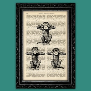 Peut inclure: Quatre singes, chacun avec une partie différente de son corps recouverte, représentant le dicton "Ne vois pas le mal, n'entends pas le mal, ne dis pas le mal, et ne fais pas le mal". Les singes sont dessinés en noir et blanc sur une page de livre vintage.