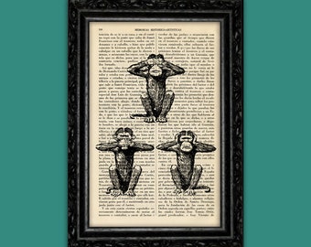 Three Wise Monkeys Art &quot;See No Evil, Hear No Evil, Speak No Evil&quot; Symbol Dictionary Art Print Macaques Chimpanzee Buddhist Monkeys (35-Nº6)