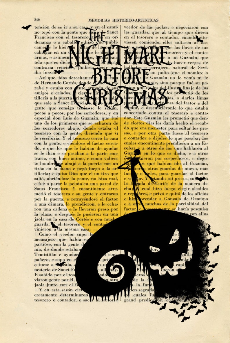 May include: A black and white illustration of Jack Skellington, the Pumpkin King from The Nightmare Before Christmas, standing on a yellow background with bats flying around him. The text "The Nightmare Before Christmas" is printed in black on a yellow background.