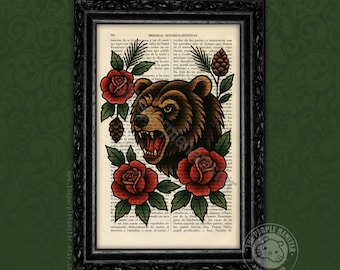 Impresión de tatuaje de oso: arte tradicional estadounidense en una página de diccionario vintage. Animal llamativo, decoración de pared estilo flash de la vieja escuela (56-N.º 13).