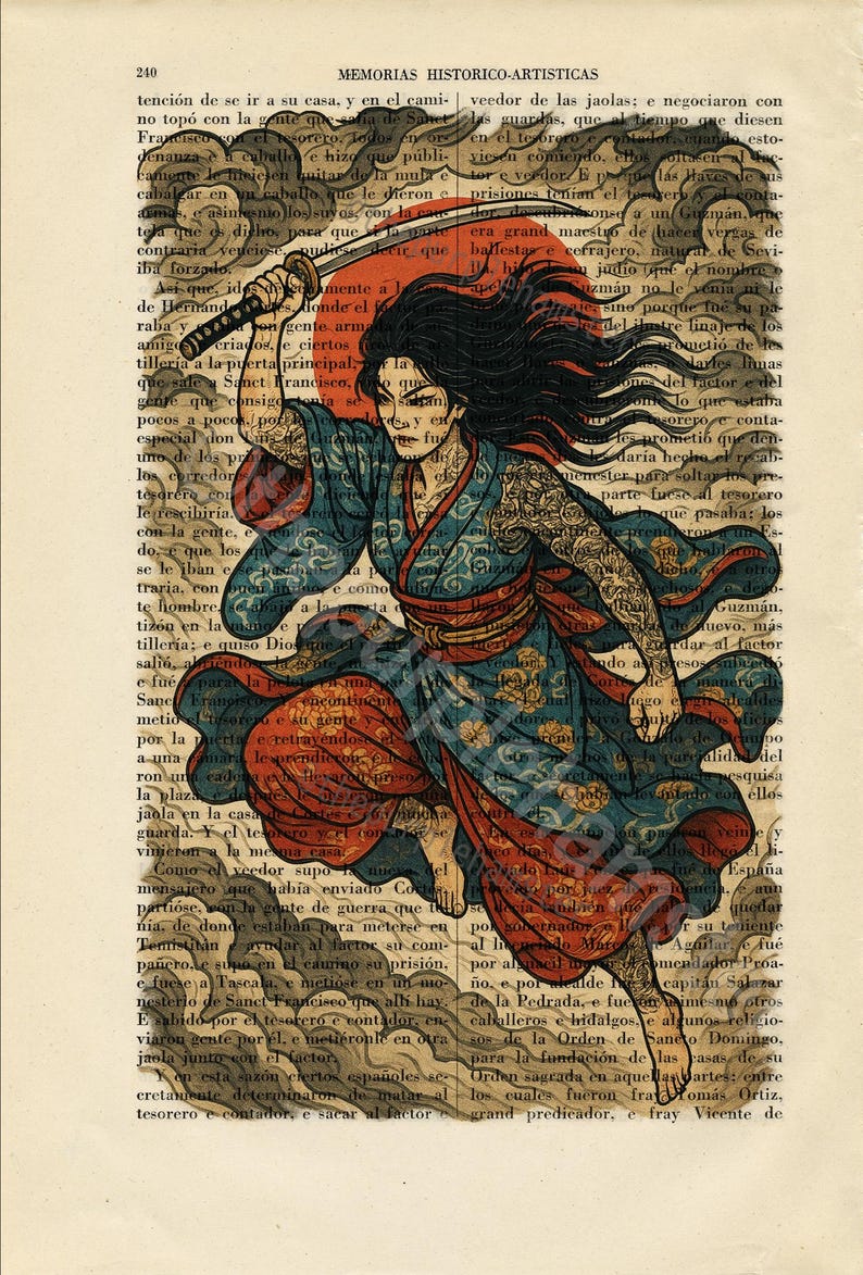 Samurai Woman Art Print – Female Warrior With Katana and Rising Sun ...