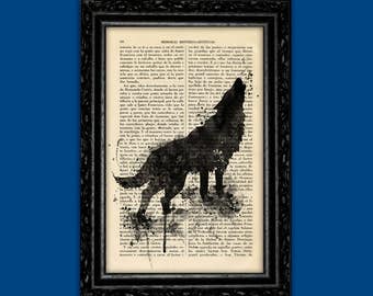 Wolf Art Poster Dictionary Print Wolf Howling to the moon Watercolor Wolf printed on old book page Wolf Silhouette Animal Art (6-Nº75)