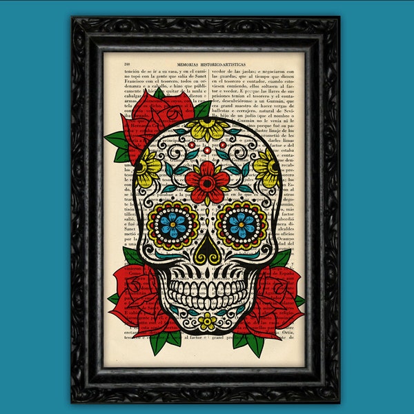 Day of the Death Sugar Skull with Roses Catrina Skull Print Dia de los Muertos Book Art Poster Dorm Room Print Gift Dictionary (13-Nº17)