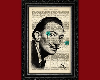 Dali Portrait with Flowers Art Print Mustache Poster Dorm Room Print Gift Print Wall Decor Poster Dictionary Art Print (21-Nº3)