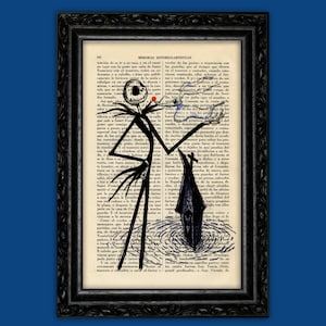 Jack Skellington & Ghost Dog Print – Halloween Pop Culture Art on Vintage Dictionary Page – Tim Burton Spooky Vintage Decor (24-Nº1)