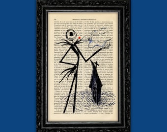 Jack Skellington & Ghost Dog Print – Halloween Pop Culture Art on Vintage Dictionary Page – Tim Burton Spooky Vintage Decor (24-Nº1)