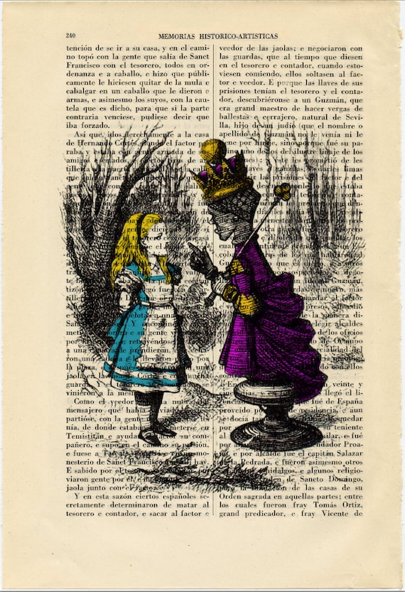 Alice in Wonderland Dictionary Art Print Book Fairy Tale Picture Queen Chess 