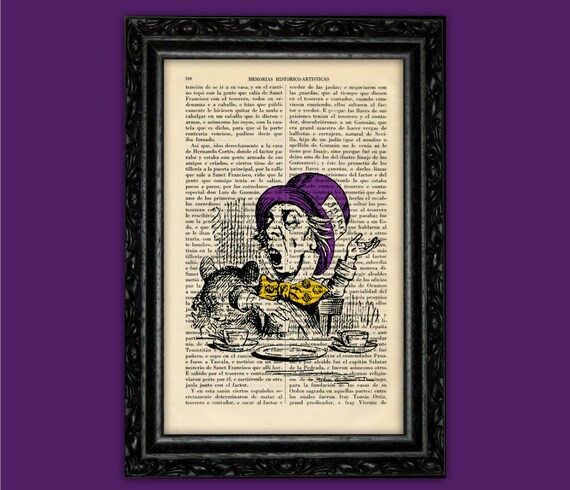 Vintage Mad Hatter Tea Time Art Print Alice in Wonderland Poster Book Art Dorm Room Gift Print Wall Decor Poster Dictionary Print (4-Nº9)
