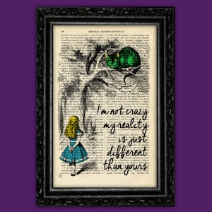 Cheshire Cat and Alice Book Art Print Alice in Wonderland Quote Prints Upcycled Poster Art Gift Print Wall Decor Poster Dictionary (4-Nº25)