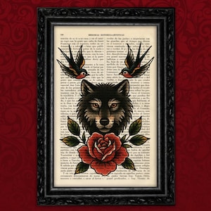Wolf with Swallows and Rose Tattoo Print – American Traditional Art on Vintage Dictionary Page – Old School Flash Style Wall Decor (56-Nº9)