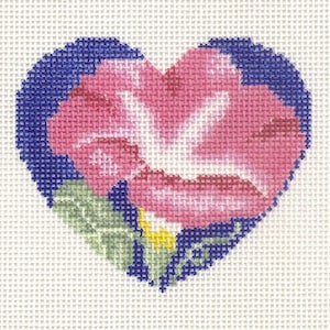 Hand painted needlepoint canvas Pink Morning Glory Heart 13 mesh 3 1/8 inches x 2 5/8 inches