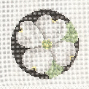 Hand painted needlepoint canvas Dogwood round ornament 3 inches