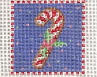 Hand painted needlepoint canvas Candy Cane Gingerbread ornament - 3 inches