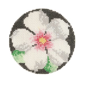 Hand painted needlepoint canvas Vinca round ornament 3 inches