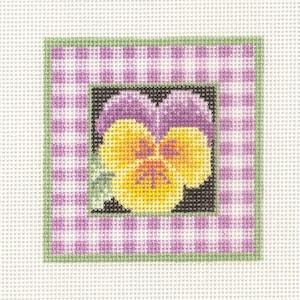 Hand painted needlepoint canvas Pansy gingham square 3 inches