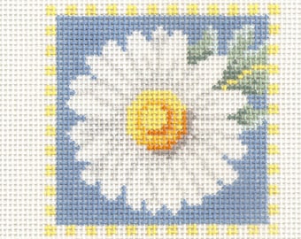 Hand painted needlepoint canvas Daisy 3 1/2" square