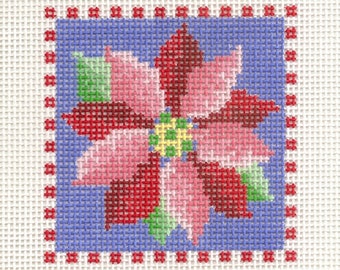Hand painted needlepoint canvas Poinsettia 3 1/2" square
