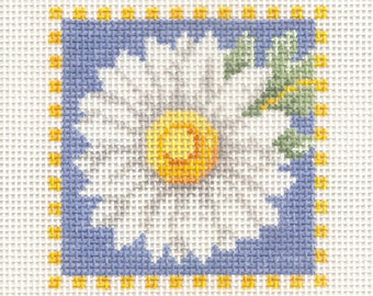 Hand painted needlepoint canvas Daisy 3 1/2" square