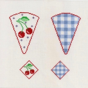 May include: Needlepoint designs featuring a cherry motif and blue gingham pattern. Two triangular shapes and two diamond shapes are shown. One triangle has cherries and the other has a blue and white gingham pattern. The diamonds have the same patterns.