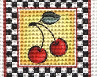 Hand painted needlepoint canvas Cherries square 3 1/2 inches