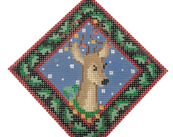 Hand painted needlepoint canvas Reindeer ornament 4 1/2 inches