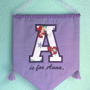 Custom Little Mermaid Embroidered Banner | 8&quot; x 10&quot; | Purple Pom Pom & Tassel Detail