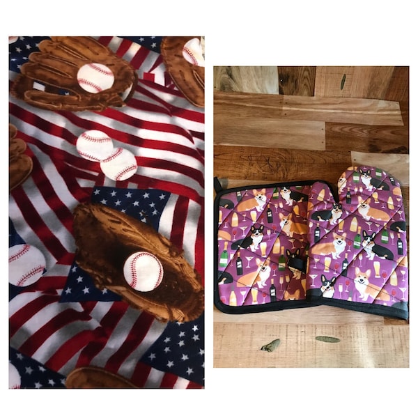 Baseball themed insulated/quilted pot holder and oven mitt set/individual, made to order