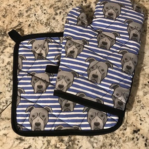 Blue Pitbull insulated/quilted oven mitt and pot holder set/individual