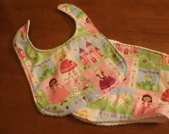 Pink princess baby bib and burp cloth set