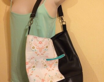 Bonnie bucket bag, hobo sling bag, Black vinyl and pink flowered deer