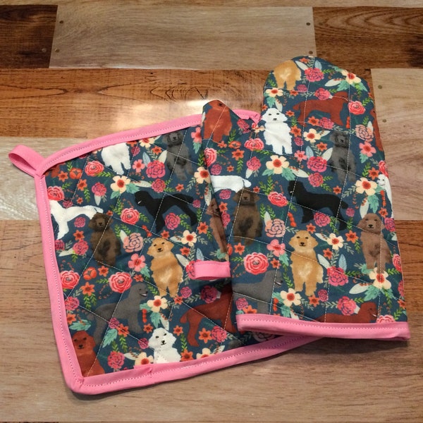 Floral poodle insulated/quilted oven mitt and pot holder set/individual item