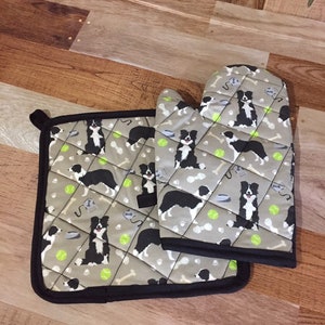 Border Collie Topflappen und Ofenhandschuh Set/individuell, gequiltet und gefüttert