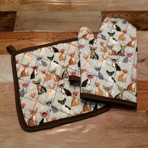 Chihuahua insulated/quilted pot holder and oven mitt set/individual