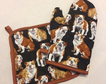 Black bulldog insulated/quilted oven mitt and pot holder set/individual