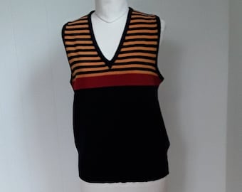 70s Men's Sweater Vest, Striped and Color Block V Neck Acrylic Vest, Vintage Kmart Mod Men's Fashions Size L