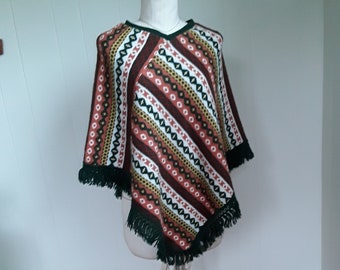 Vintage Women's Patterned Poncho with Green Fringe by Pandora, Boho Geometric Print Acrylic 70s Poncho