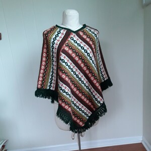 Vintage Women's Patterned Poncho with Green Fringe by Pandora, Boho Geometric Print Acrylic 70s Poncho image 1