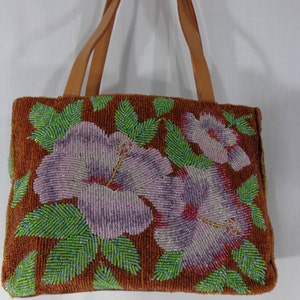 Bolso vintage Tommy Bahama de piel con cuentas, bolso con estampado floral tropical, hibisco morado, bolso de diseño con asa superior para primavera y verano, regalo de NOS para ella.
